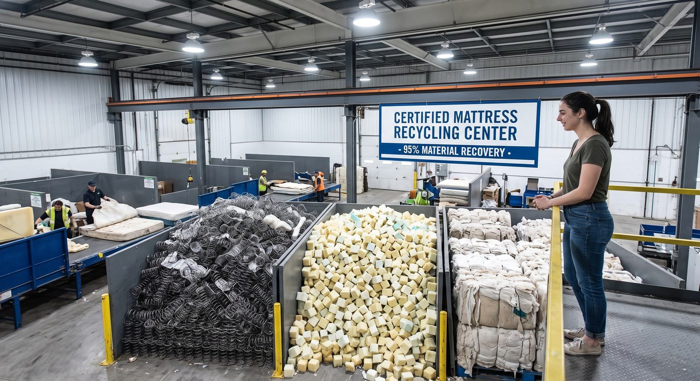 A certified mattress recycling center sorting steel coils, foam and fabric for material recovery