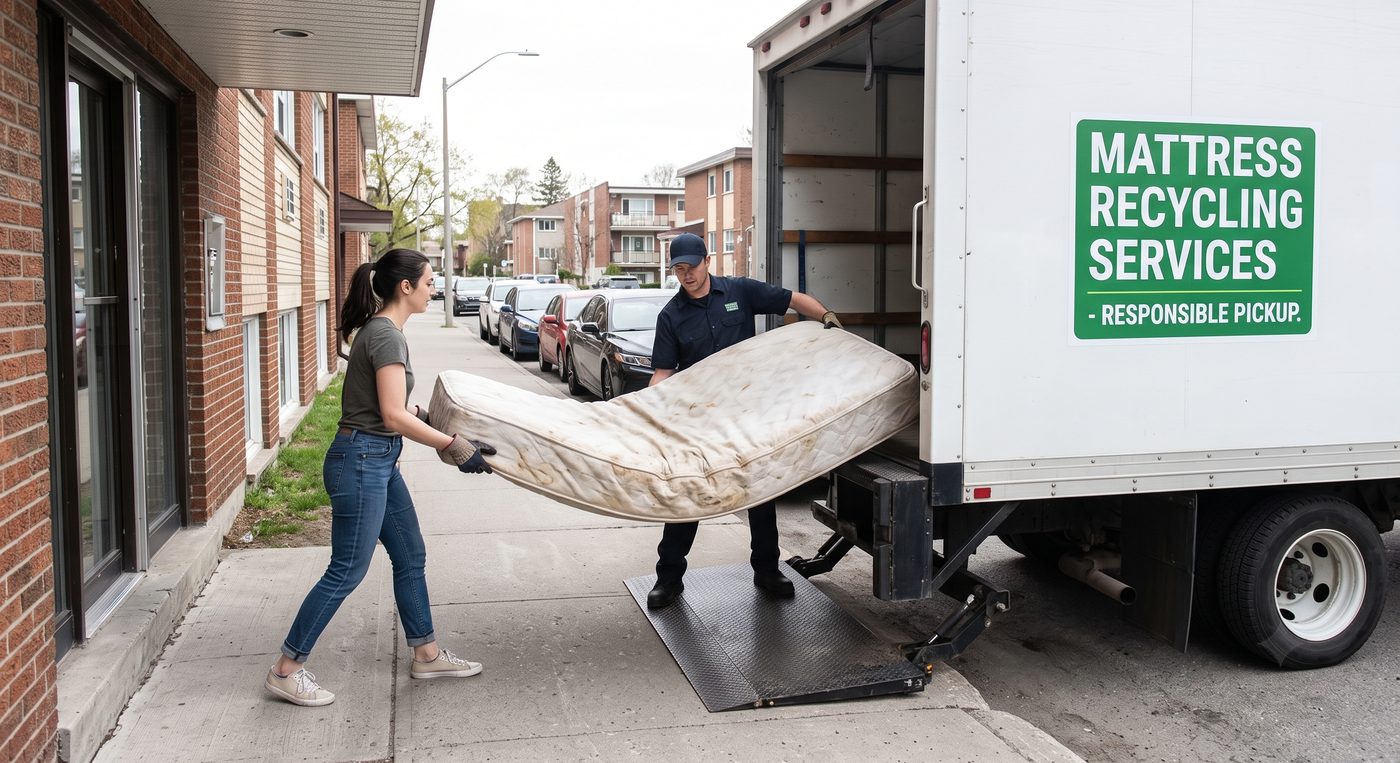 A mattress recycling service crew loading an old mattress onto a pickup truck