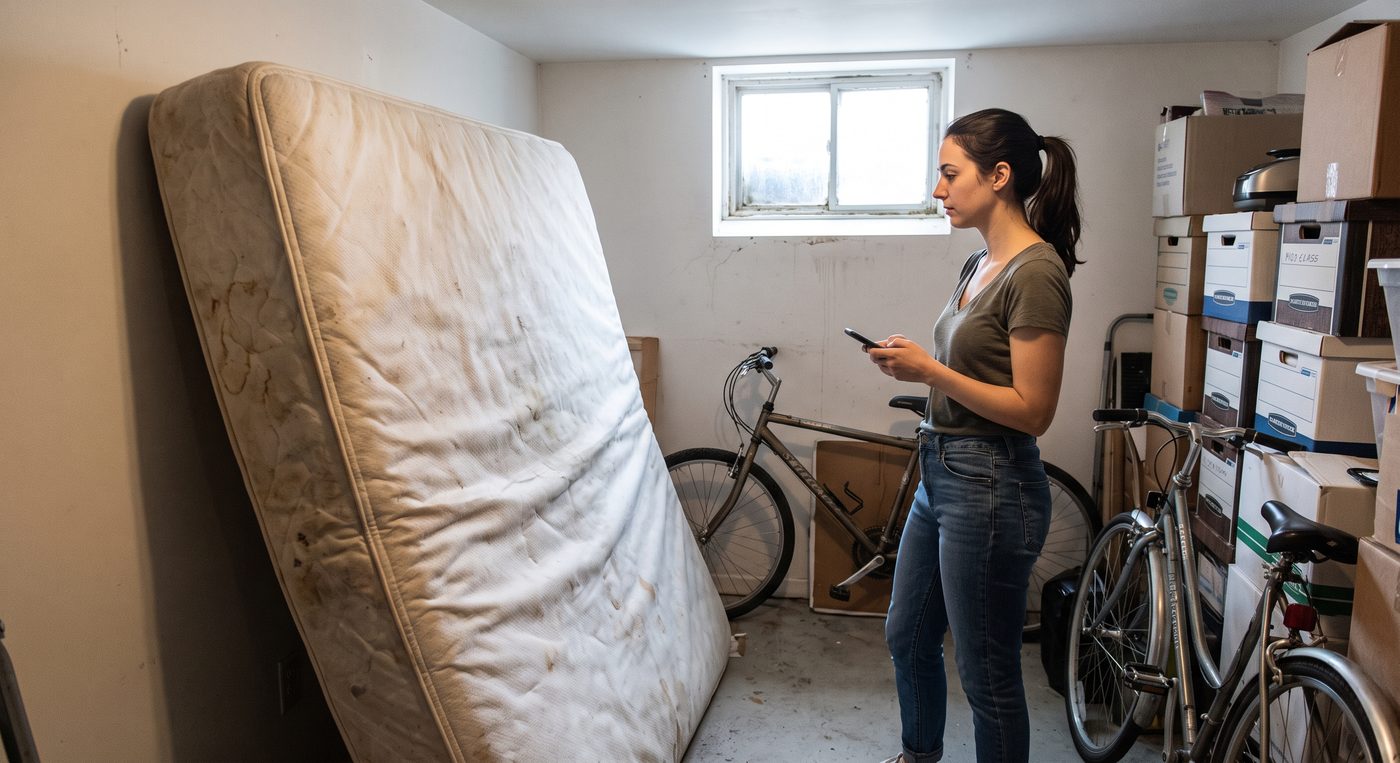 An old stained mattress in a storage room ready to be scheduled for pickup