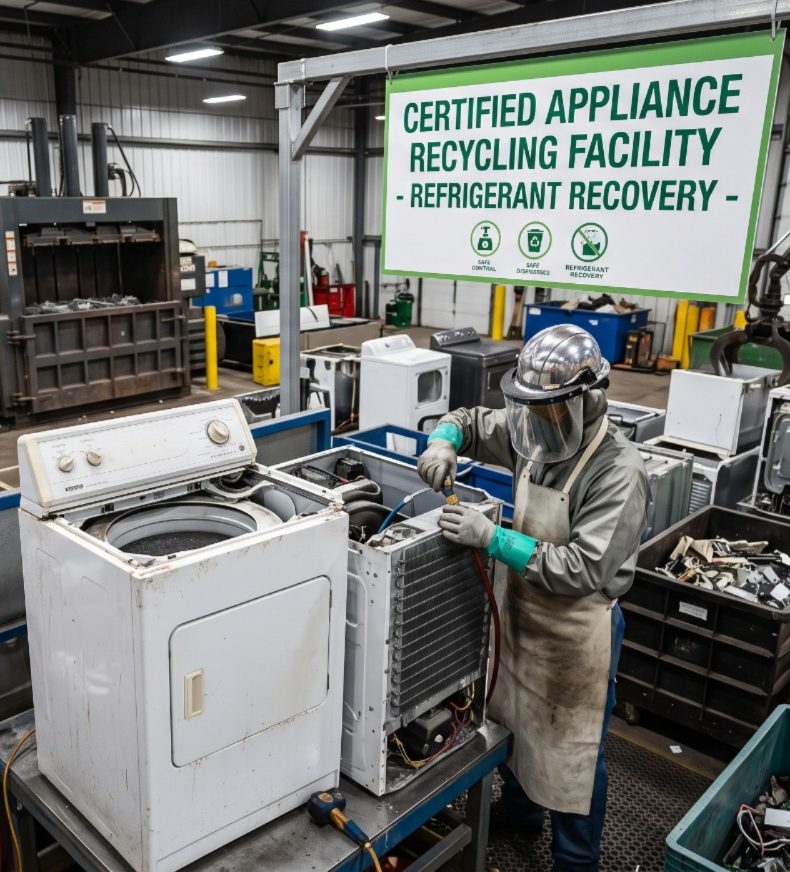 A worker at a certified appliance recycling facility performing refrigerant recovery on an old dryer and refrigerator
