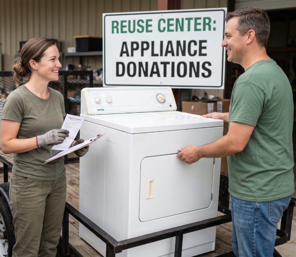 A donated dryer being logged at an appliance reuse and donation center