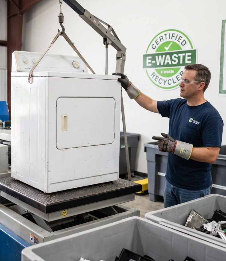 A dryer being lifted for certified e-waste and appliance recycling
