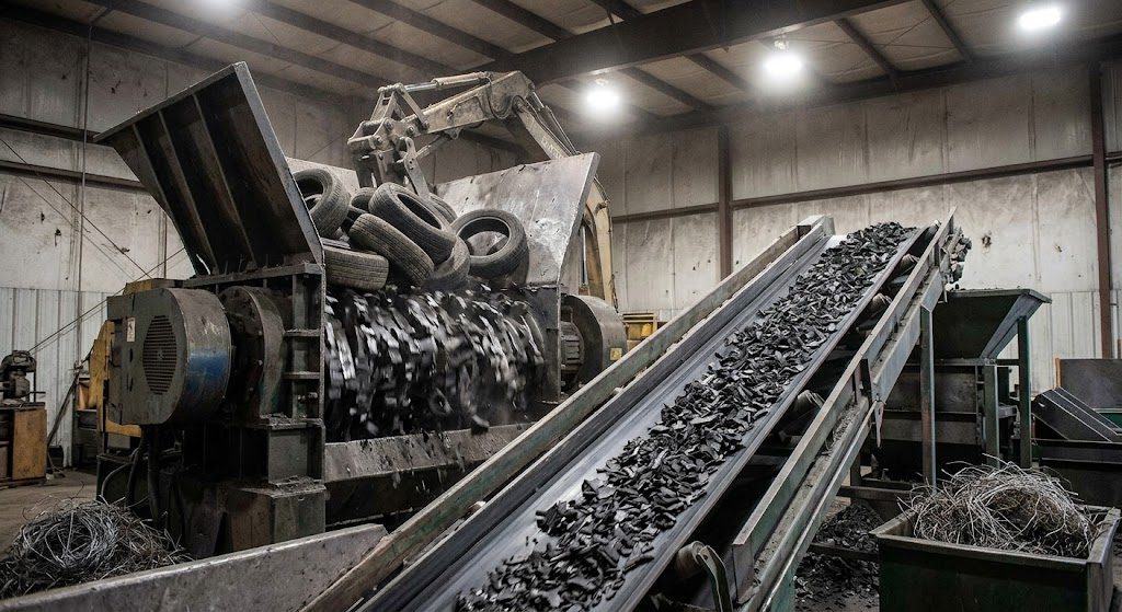 Old tires being shredded into rubber crumb at a certified tire recycling facility in California